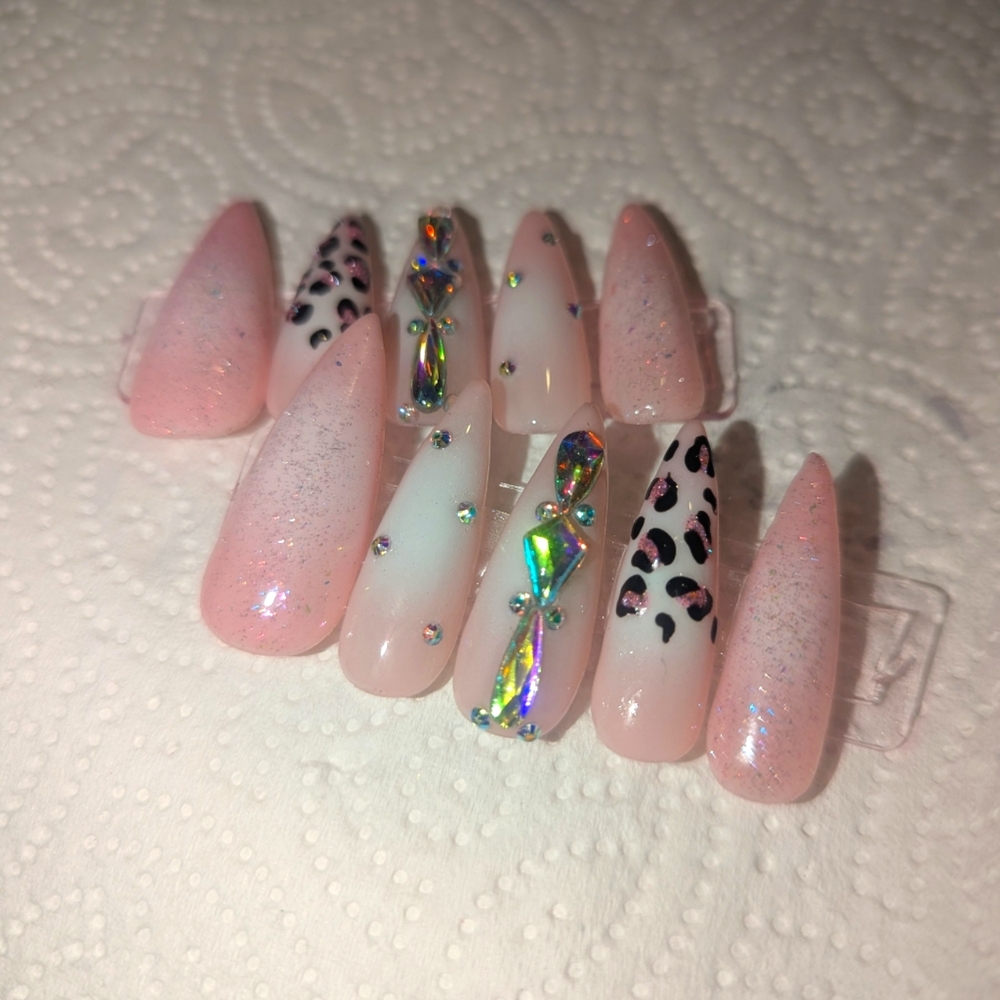Pink Cheetah Glitter Rhinestone Luxury Press On Nail Set